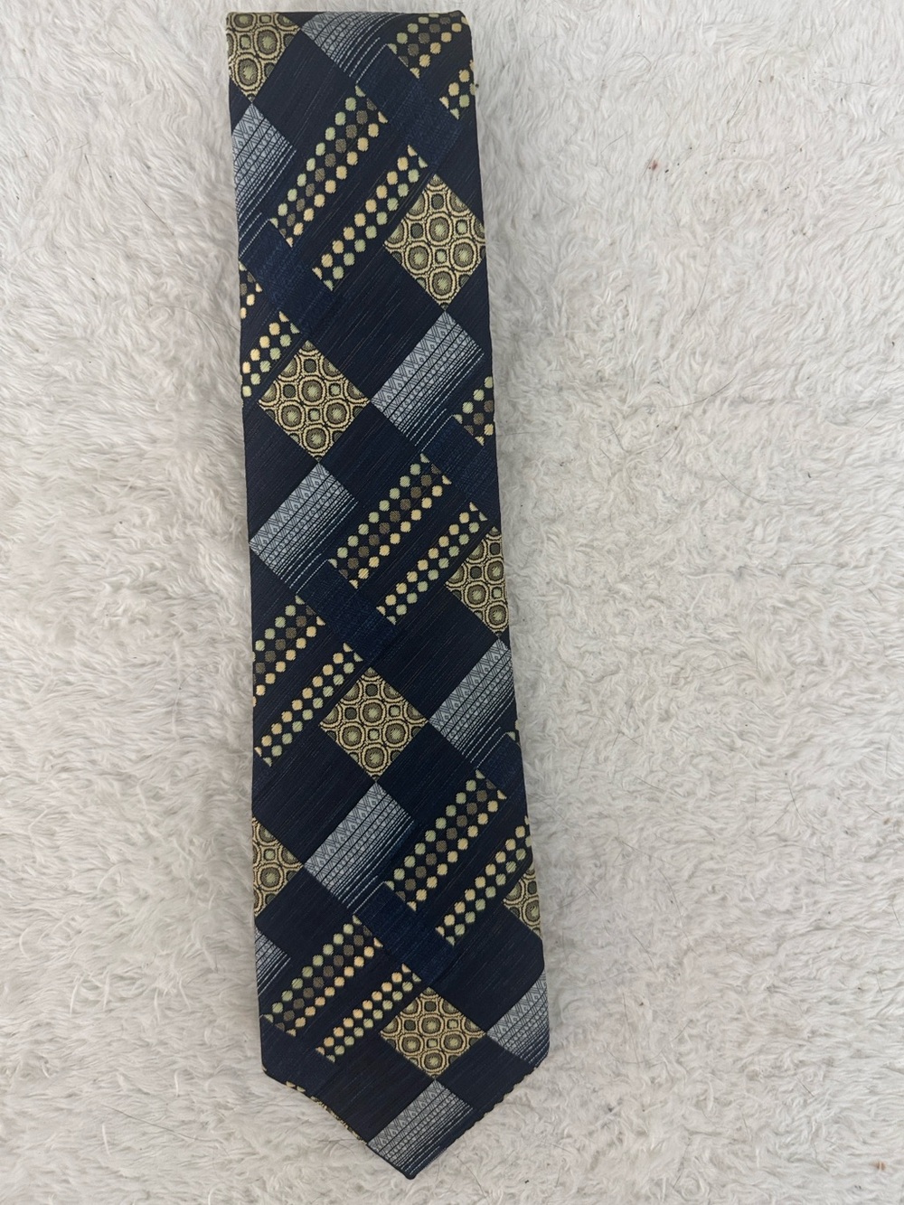 Vtg Mitsukoshi Silk Tie Japan 1970s Geometric Patchwork Navy Blue, Gold Luxury